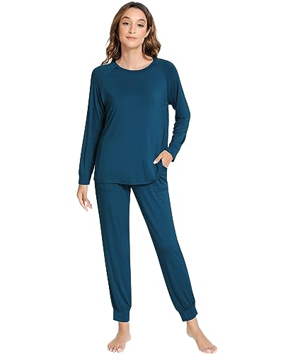 NACHILA Pyjama für Damen, Viskose aus Bambus, langärmelig, weich, dehnbar, Nachtwäsche mit Hose, Größe S-XL, A-ink blau, XXL von NACHILA