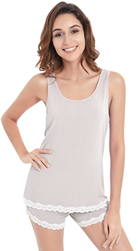 NACHILA Schlafanzug für Damen, Viskose aus Bambus, geripptes Racerback-Tanktop und Shorts, Pyjama-Set, ärmellos, Schlaf-Cami-Pyjama, B-light Grey, XXL von NACHILA