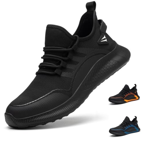 NACKINg Arbeitsschuhe Damen Leicht rutschfest Sicherheitsschuhe Herren Atmungsaktiv Sportlich Stahlkappenschuhe Schutzschuhe,Schwarz, EU 43 von NACKINg