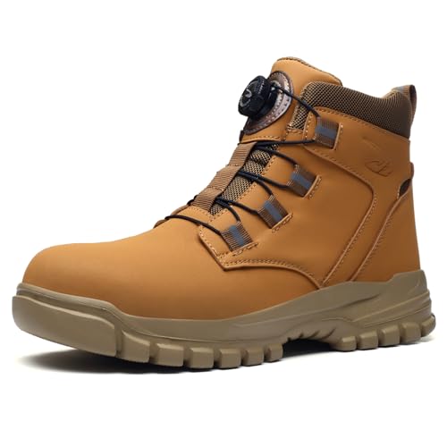 NACKINg Sicherheitsschuhe Arbeitsschuhe Herren Damen Leicht Stahlkappe Atmungsaktiv Sicherheitsstiefel rutschfest Arbeitsstiefel mit Drehknopf, Braun, EU 37 von NACKINg