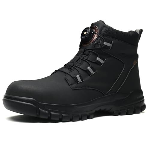NACKINg Sicherheitsschuhe Arbeitsschuhe Herren Damen Leicht Stahlkappe Atmungsaktiv Sicherheitsstiefel rutschfest Arbeitsstiefel mit Drehknopf, Schwarz, EU 38 von NACKINg