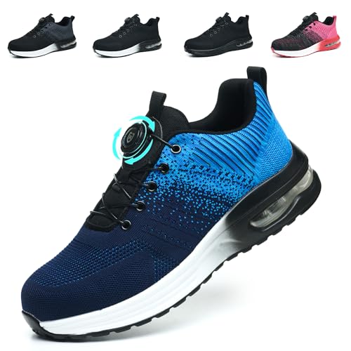 NACKINg Sicherheitsschuhe Herren Arbeitsschuhe Damen Leicht Atmungsaktiv Stahlkappenschuhe rutschfeste Arbeitsturnschuhe mit Drehknopf, Blau, EU 37 von NACKINg