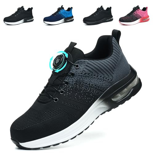 NACKINg Sicherheitsschuhe Herren Arbeitsschuhe Damen Leicht Atmungsaktiv Stahlkappenschuhe rutschfeste Arbeitsturnschuhe mit Drehknopf, Grau, EU 37 von NACKINg