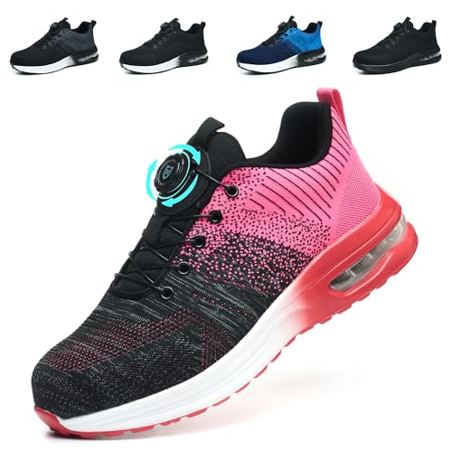 NACKINg Sicherheitsschuhe Herren Arbeitsschuhe Damen Leicht Atmungsaktiv Stahlkappenschuhe rutschfeste Arbeitsturnschuhe mit Drehknopf, Rosa, EU 43 von NACKINg
