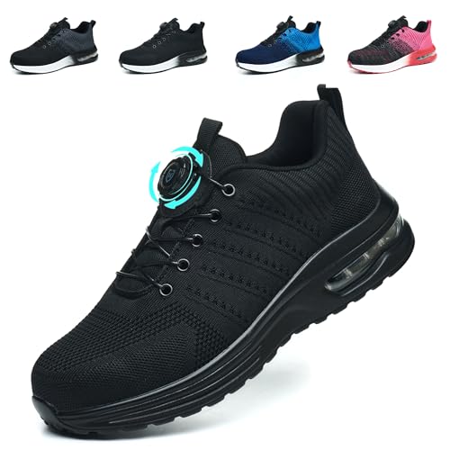 NACKINg Sicherheitsschuhe Herren Arbeitsschuhe Damen Leicht Atmungsaktiv Stahlkappenschuhe rutschfeste Arbeitsturnschuhe mit Drehknopf, Schwarz, EU 44 von NACKINg