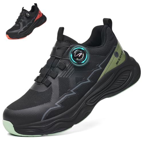 NACKINg Sicherheitsschuhe Herren Damen Arbeitsschuhe Leicht rutschfest Stahlkappenschuhe Atmungsaktiv Sportliche Durchstichfest Schutzschuhe mit Drehknopf für Arbeitsplatz, Grün, EU 42 von NACKINg