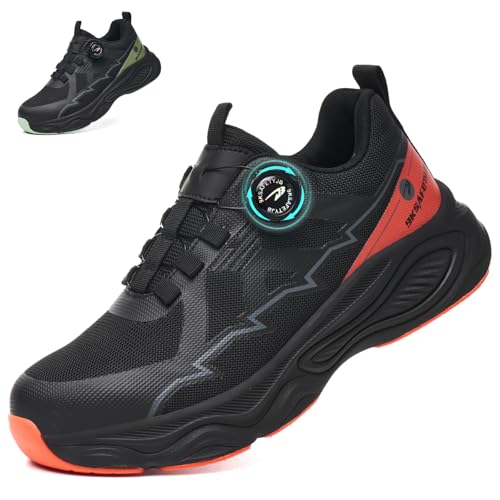 NACKINg Sicherheitsschuhe Herren Damen Arbeitsschuhe Leicht rutschfest Stahlkappenschuhe Atmungsaktiv Sportliche Durchstichfest Schutzschuhe mit Drehknopf für Arbeitsplatz, Rot, EU 41 von NACKINg