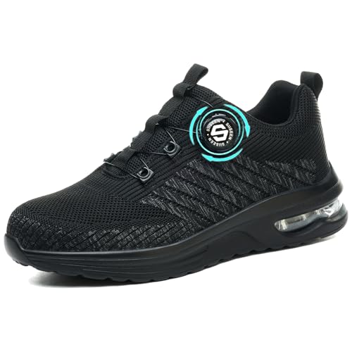 NACKINg Sicherheitsschuhe Herren Leicht Arbeitsschuhe Damen Atmungsaktiv Drehverschluss Stahlkappenschuhe Industrielle Arbeitsschuhe mit Drehknopf, Schwarz, EU 42 von NACKINg