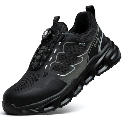 NACKINg Sicherheitsschuhe Herren Leicht Arbeitsschuhe Damen Atmungsaktiv Sportliche Schutzschuhe Drehverschluss Stahlkappenschuhe mit Drehknopf, Schwarz, EU 46 von NACKINg