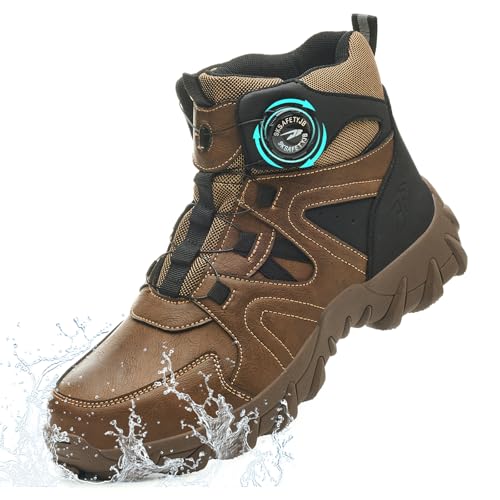 NACKINg Sicherheitsstiefel Herren Damen Leicht Wasserdicht Arbeitsschuhe mit Stahlkappe Sicherheitsschuhe rutschfest Arbeitsstiefel mit Drehknopf, Braun, EU 41 von NACKINg