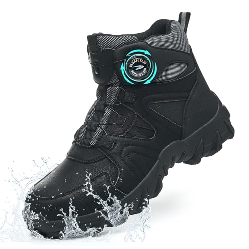 NACKINg Sicherheitsstiefel Herren Damen Leicht Wasserdicht Arbeitsschuhe mit Stahlkappe Sicherheitsschuhe rutschfest Arbeitsstiefel mit Drehknopf, Schwarz, EU 43 von NACKINg