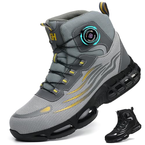 Sicherheitsschuhe Herren Leicht Arbeitsschuhe Damen Atmungsaktiv Sicherheitsstiefel rutschfeste Arbeitsstiefel Anti Smashing Stahlkappenschuhe Durchstichschutz mit Drehknopf, Grau, EU 38 von NACKINg