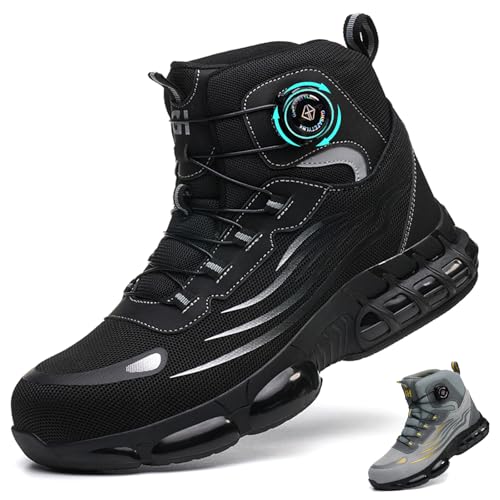 Sicherheitsschuhe Herren Leicht Arbeitsschuhe Damen Atmungsaktiv Sicherheitsstiefel rutschfeste Arbeitsstiefel Anti Smashing Stahlkappenschuhe Durchstichschutz mit Drehknopf, Schwarz, EU 41 von NACKINg