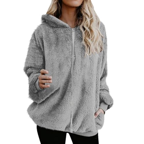 Fleecejacke Damen Doppelseitiger Samt Pullover Einfarbig Winterjacke Warm Hoodie Sweatjacke mit Kapuze Tunnelzug Wintermantel Kapuzenpullover mit Tasche Sweatshirt Plüschjacke Teddyfleecejacke von NACQZLI