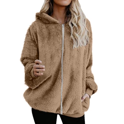 Fleecejacke Damen Doppelseitiger Samt Pullover Einfarbig Winterjacke Warm Hoodie Sweatjacke mit Kapuze Tunnelzug Wintermantel Kapuzenpullover mit Tasche Sweatshirt Plüschjacke Teddyfleecejacke von NACQZLI