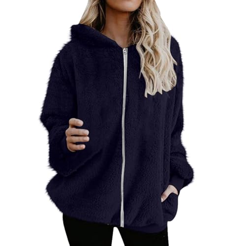 Fleecejacke Damen Doppelseitiger Samt Pullover Einfarbig Winterjacke Warm Hoodie Sweatjacke mit Kapuze Tunnelzug Wintermantel Kapuzenpullover mit Tasche Sweatshirt Plüschjacke Teddyfleecejacke von NACQZLI