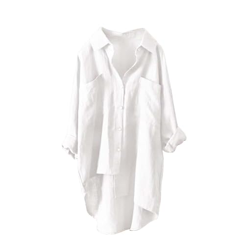 Musselin Bluse Damen Einfarbig Langarm Oberteile V-Ausschnitt Baumwolle Leinen Shirt Knöpfe Umlegekragen Hemd Locker Leinenshirt mit Taschen Leicht Leinenhemd Vielseitig Langarmshirt von NACQZLI