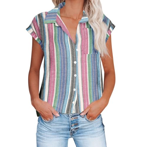 Musselin Bluse für Damen Einfarbiges Leinenhemd Sommershirt mit Schlitzärmeln Hemden mit Reversknopf Retro Baumwoll Leinen Blusentops Leicht Atmungsaktiv Leinenbluse Plus Size Leinenshirt S-5XL von NACQZLI
