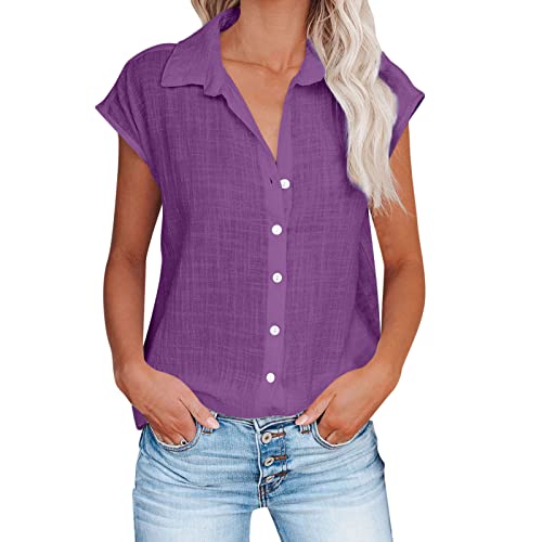 Musselin Bluse für Damen Einfarbiges Leinenhemd Sommershirt mit Schlitzärmeln Hemden mit Reversknopf Retro Baumwoll Leinen Blusentops Leicht Atmungsaktiv Leinenbluse Plus Size Leinenshirt S-5XL von NACQZLI