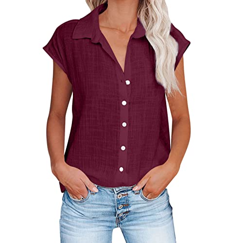 Musselin Bluse für Damen Einfarbiges Leinenhemd Sommershirt mit Schlitzärmeln Hemden mit Reversknopf Retro Baumwoll Leinen Blusentops Leicht Atmungsaktiv Leinenbluse Plus Size Leinenshirt S-5XL von NACQZLI