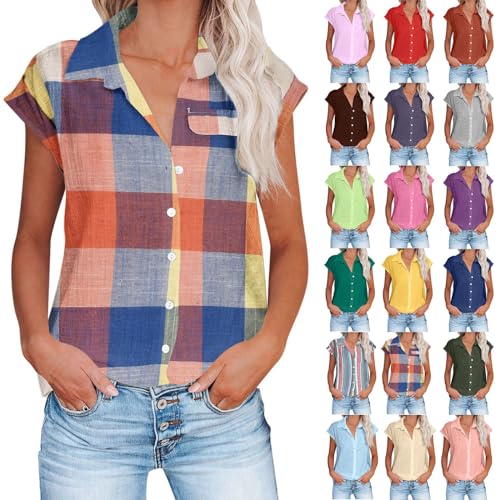 Musselin Bluse für Damen Einfarbiges Leinenhemd Sommershirt mit Schlitzärmeln Hemden mit Reversknopf Retro Baumwoll Leinen Blusentops Leicht Atmungsaktiv Leinenbluse Plus Size Leinenshirt S-5XL von NACQZLI