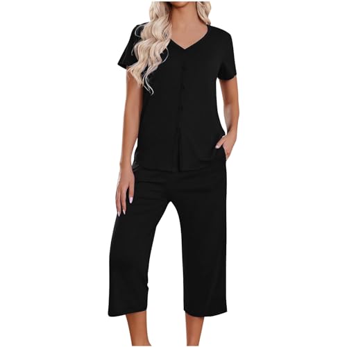 NACQZLI Damen Schlafanzug Sommer Hausanzug Weiche Bequemer Nachtwäsche Sets Kurzarm Knöpfe Oberteile und 3/4 Hose Schlafanzug Lässig Loungewear Zweiteiliger Stretch Hosenanzug mit Taschen Pyjama Sets von NACQZLI