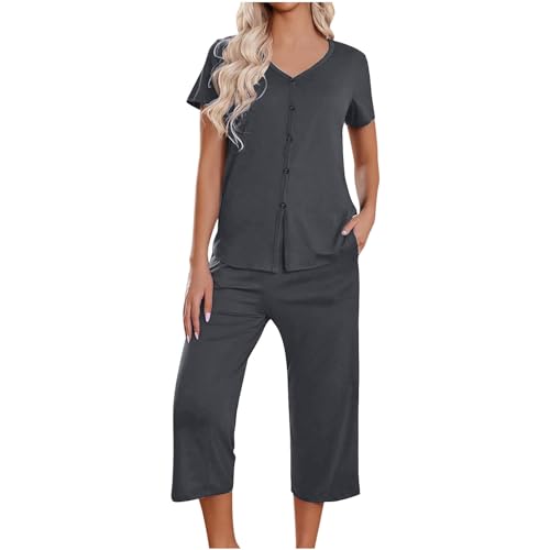 NACQZLI Damen Schlafanzug Sommer Hausanzug Weiche Bequemer Nachtwäsche Sets Kurzarm Knöpfe Oberteile und 3/4 Hose Schlafanzug Lässig Loungewear Zweiteiliger Stretch Hosenanzug mit Taschen Pyjama Sets von NACQZLI