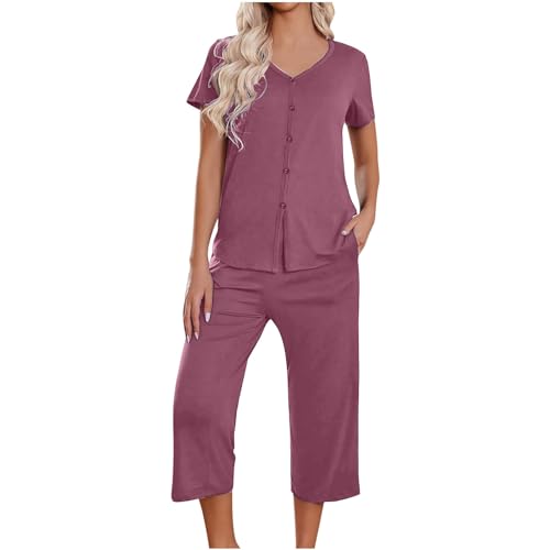 NACQZLI Damen Schlafanzug Sommer Hausanzug Weiche Bequemer Nachtwäsche Sets Kurzarm Knöpfe Oberteile und 3/4 Hose Schlafanzug Lässig Loungewear Zweiteiliger Stretch Hosenanzug mit Taschen Pyjama Sets von NACQZLI
