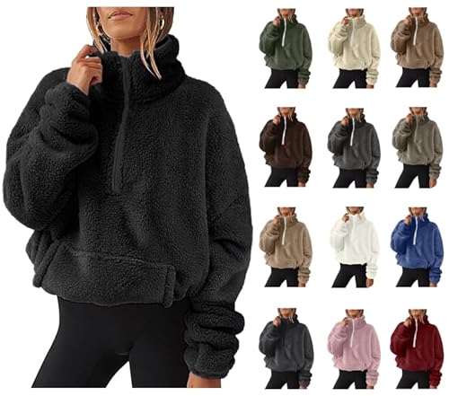NACQZLI Fleecejacke Damen Doppelseitiger Samt Winterjacke Halbreißverschluss Pullover Einfarbig Plüschjacke Revers Teddyfleecejacke Warme Wintermantel Übergangsjacke Langarm Teddyjacke Plüschmantel von NACQZLI