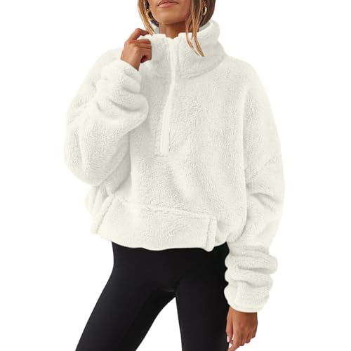 NACQZLI Fleecejacke Damen Doppelseitiger Samt Winterjacke Halbreißverschluss Pullover Einfarbig Plüschjacke Revers Teddyfleecejacke Warme Wintermantel Übergangsjacke Langarm Teddyjacke Plüschmantel von NACQZLI