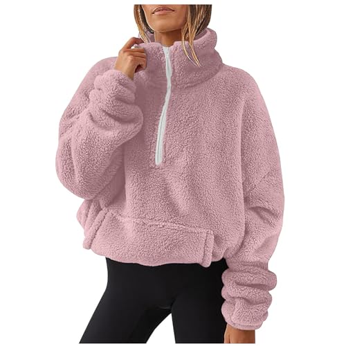 NACQZLI Fleecejacke Damen Doppelseitiger Samt Winterjacke Halbreißverschluss Pullover Einfarbig Plüschjacke Revers Teddyfleecejacke Warme Wintermantel Übergangsjacke Langarm Teddyjacke Plüschmantel von NACQZLI