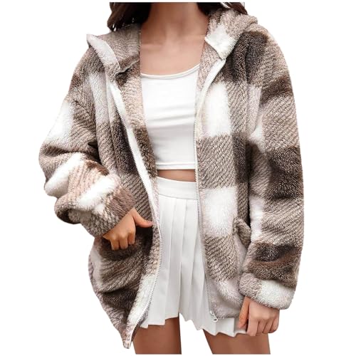 NACQZLI Fleecejacke Damen Kariert Kapuzenjacke Große Größen Zipper Fleece Jacke Langarm Winterjacke mit Tasche Modisches Karo Mantel Freizeitjacke Autumn Winter Plüschjacke Übergangsjacke von NACQZLI