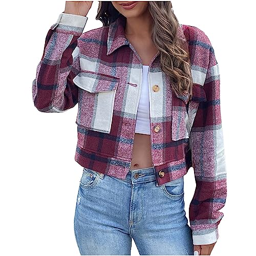 NACQZLI Jacke Damen Kurz Klassisch Kariert Jacke Revers Langarm Hemdjacke Button Down Übergangsjacke Mit Brusttaschen Casual Sweatjacke Vintage Karo Mantel Modisches Outwear für Frauen von NACQZLI
