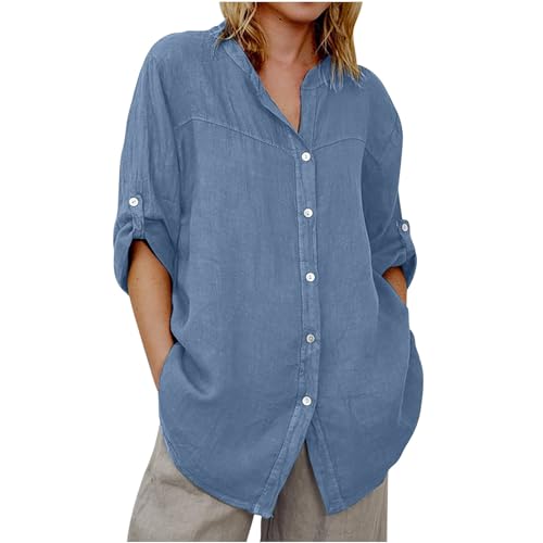 NACQZLI Jeanshemd Damen 3/4 Arm Oberteile mit Knöpfe Einfarbig Denim Shirts Button Down Jeansbluse Sommer Dünne Hemdbluse Stehkragen Bluse Hemd Oversize Locker Jeansjacke Longshirt fur Frauen von NACQZLI