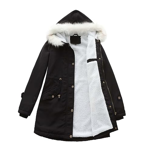 NACQZLI Parka Damen Einfarbig Winterjacke Abnehmbar Pelzkragen Windbreaker Wintermantel mit Hüftgürtel Langarm Fleecejacke Reißverschluss Kapuzejacke Teddyjacke Winter Baumwolljacke Plüschjacke von NACQZLI