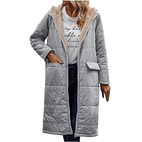 NACQZLI Plüschjacke Damen Lang Umkehrbar Winterjacke Einfarbig Fleecejacke Langarm Baumwolljacke Steppjacke mit Kapuze Reißverschluss Plüschmantel Warm Teddyjacke Lässige Wintermantel Steppmantel von NACQZLI