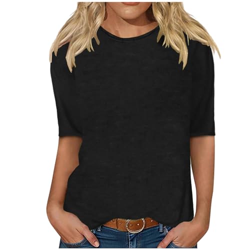 NACQZLI Sommer Tshirt Damen Einfarbig Basic Oberteile Atmungsaktive Halbe Ärmel Tops Loose Rundhals T Shirts Bequemer Freizeitshirt All-Match Blusenshirt mit 1/2 ALM T-Shirt für Frauen Streetwear von NACQZLI