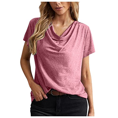 NACQZLI T Shirt Damen Elegent Wasserfall Ausschnitt Oberteile Einfarbig Basic Pullover Komfortabel Baumwolle Tshirt Sommer Kurzarm Tops Loose T-Shirts Bluse Vielseitig Blusenshirt Casual Damentops von NACQZLI