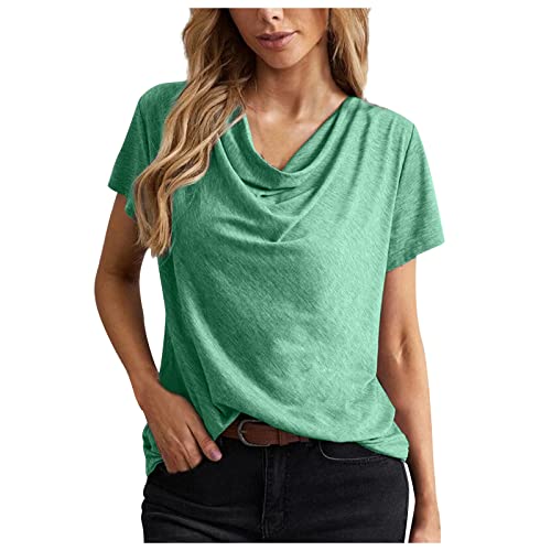 NACQZLI T Shirt Damen Elegent Wasserfall Ausschnitt Oberteile Einfarbig Basic Pullover Komfortabel Baumwolle Tshirt Sommer Kurzarm Tops Loose T-Shirts Bluse Vielseitig Blusenshirt Casual Damentops von NACQZLI