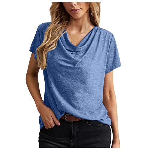 NACQZLI T Shirt Damen Elegent Wasserfall Ausschnitt Oberteile Einfarbig Basic Pullover Komfortabel Baumwolle Tshirt Sommer Kurzarm Tops Loose T-Shirts Bluse Vielseitig Blusenshirt Casual Damentops von NACQZLI