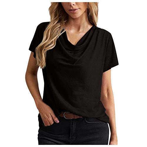 NACQZLI T Shirt Damen Elegent Wasserfall Ausschnitt Oberteile Einfarbig Basic Pullover Komfortabel Baumwolle Tshirt Sommer Kurzarm Tops Loose T-Shirts Bluse Vielseitig Blusenshirt Casual Damentops von NACQZLI