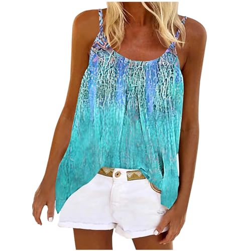 NACQZLI Tank Top Damen Bunte Durck Cami Shirt Elegant Spaghetti Oberteile mit Falten Sommermode Tanktops Loose Atmungsaktive Longtops Bluse Stretch Trägertop Elegant Damenblusen Longbluse Tunika von NACQZLI