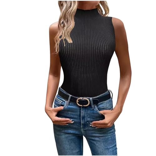 NACQZLI Tank Top Damen Einfarbig Rollkragen Oberteile Ribbed Strick Tanktops Sommer Ärmellose T-Shirts Stretch Slim Fit Trägertop Basic Pullover Leicht Atmungsaktive Sommertops Frauen Freizeitshirt von NACQZLI