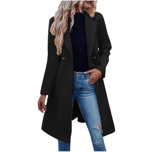 NACQZLI Trenchcoat Damen Lang Einfarbig Winterjacke Langarm Windbreaker mit Taschen Umschlagkragen Übergangsjacke Knebelverschluss Open Front Wintermantel Windjacke mit Gürtel Modisches Herbstjacke von NACQZLI