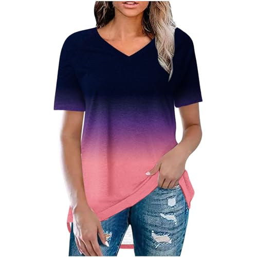 NACQZLI Tunika Damen Farbverlauf Longshirts V-Ausschnitt T-Shirts Raglan Kurzarm Oberteile Vorne Kurz und Hinten Lang Saum Tshirt Basic Longtops Pullover Tops Locker Lässig Blusenshirt Bluse Shirts von NACQZLI