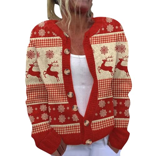 NACQZLI Weihnachtspullover Damen Weihnachtspulli mit Weihnachtsmann Drucken Strickpullover mit Weihnachtsmotive Rundhalsausschnitt Grobstrick Cardigan Weihnachten Pullover Weihnachtsstrickjacken von NACQZLI