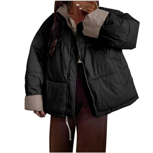 NACQZLI Winterjacke Damen Einfarbig Daunenjacke Stehkragen Pufferjacke Reißverschluss Steppjacke Langarm Wintermantel Vintage Daunenmantel Warm Baumwolljacke Puffermantel mit Tachen Steppmantel von NACQZLI