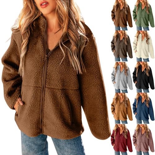 NACQZLI Winterjacke Damen Einfarbig Fleecejacke Langarm Wintermantel Stehkragen Teddyjacke Reißverschluss Plüschjacke Warme Plüschmantel Teddyfleecejacke mit Taschen Winter Fleecemantel Vliesjacke von NACQZLI