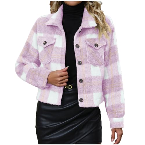 NACQZLI Winterjacke Damen Kariert Wollmantel Kurze Wintermantel Revers Hemdjacke Langarm Wolljacke Knöpfe Blusenjacke Collegejacke mit Tasche Autumn Winter Übergangsjacke Modisches Kurzjacke von NACQZLI