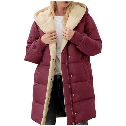NACQZLI Winterjacke Damen Lang Einfarbig Baumwolljacke Kaschmir Futter Fleecejacke Plüschjacke mit Kapuze Reißverschluss Steppjacke Verdicken Wintermantel Warm Teddyjacke Langarm Plüschmantel von NACQZLI